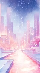 A futuristic city plaza with a glowing water feature, stars barely visible above