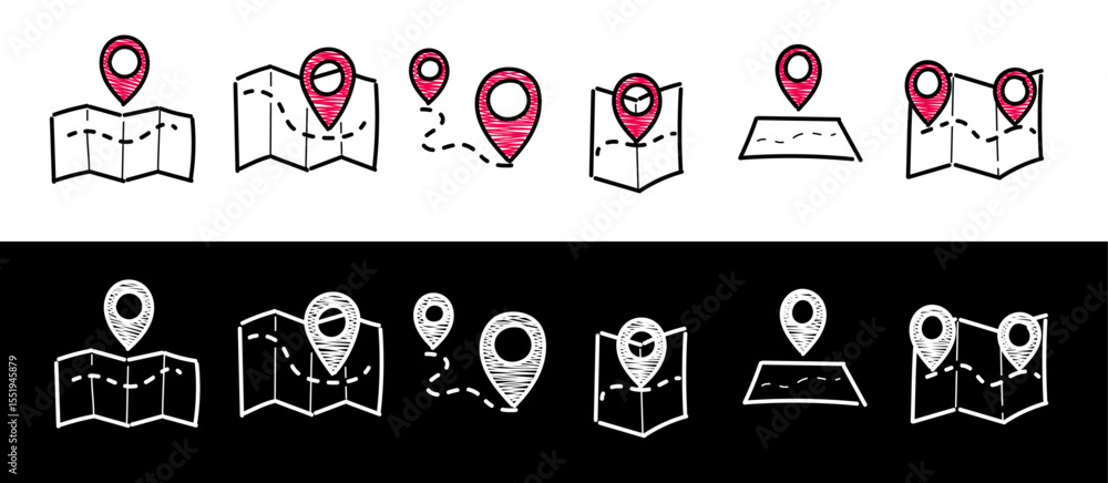 Poster doodle map and location illustrations set. geolocation map path distance. gps cartography position. 