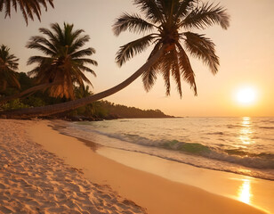 Obraz premium sunset on the beach, Sunny exotic beach by the ocean with palm trees at sunset summer vacation by the sea photography