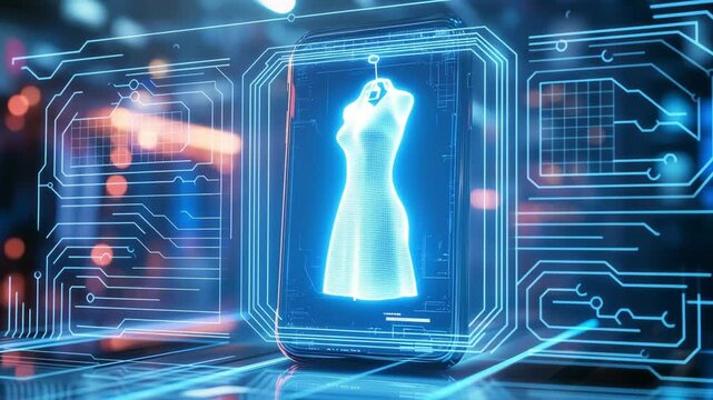 A digital dress is displayed in a high tech retail environment, highlighting innovative fashion technology and online shopping