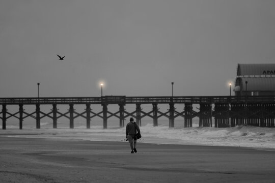  A lone figure walks along a serene, monochromatic beach with a pier in the background and a bird flying overhead. The atmosphere is calm and quiet.