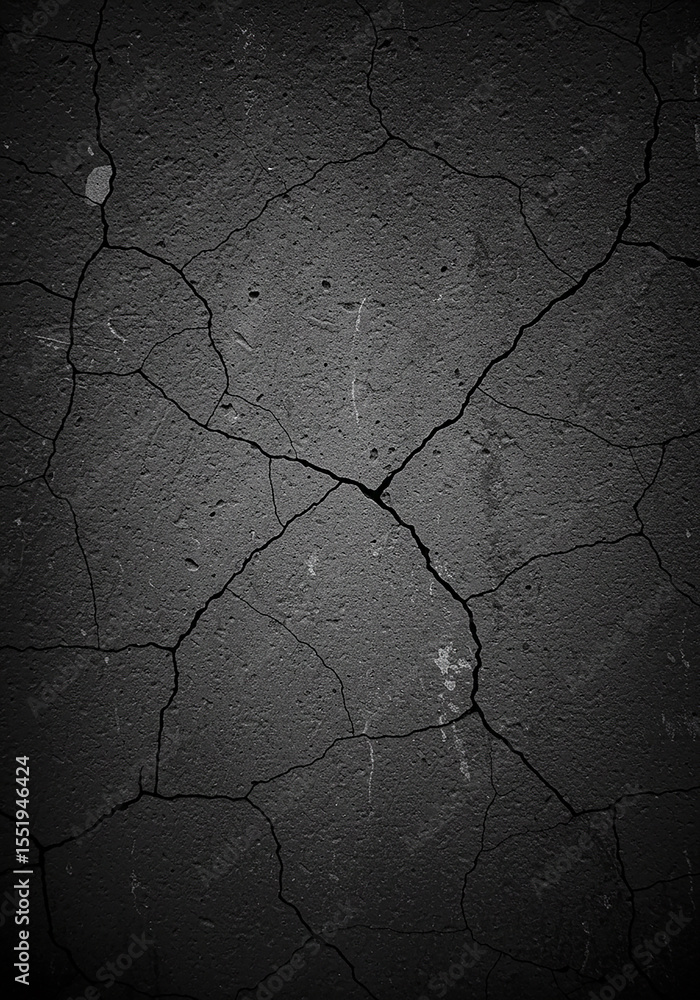 Aufkleber cracked surface texture in grayscale. cracks and fissures on a rough, dark gray wall, creating a dis