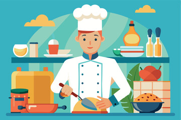 Chef prepares a delicious meal with fresh ingredients in a vibrant kitchen setting during the day