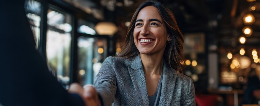 The professional woman engaging in a friendly business handshake in a cozy café.
