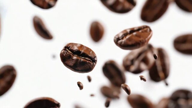 Coffee beans falling dynamically against a soft background, showcasing their texture and form. The image aims to be appealing to the eye, highlighting coffee beans
