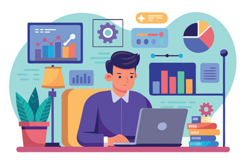 Fototapeta premium Man working on laptop in modern office setup with charts and data displays
