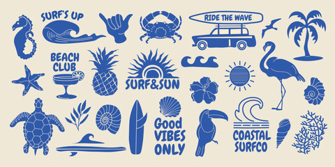 Bold tropical beach vector set with surfboards, palm trees, waves, flamingos, seashells, and summer quotes. Graphic flat style. Perfect for t-shirts, posters, stickers, and summer designs. © Loya.art