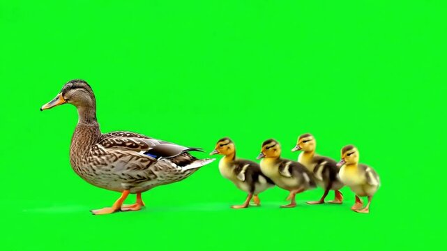 Animated Duck and Ducklings Walking on Green Screen Background Stock Footage Element