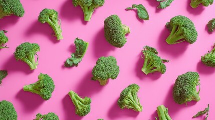 The vibrant arrangement of fresh broccoli on a pink background.