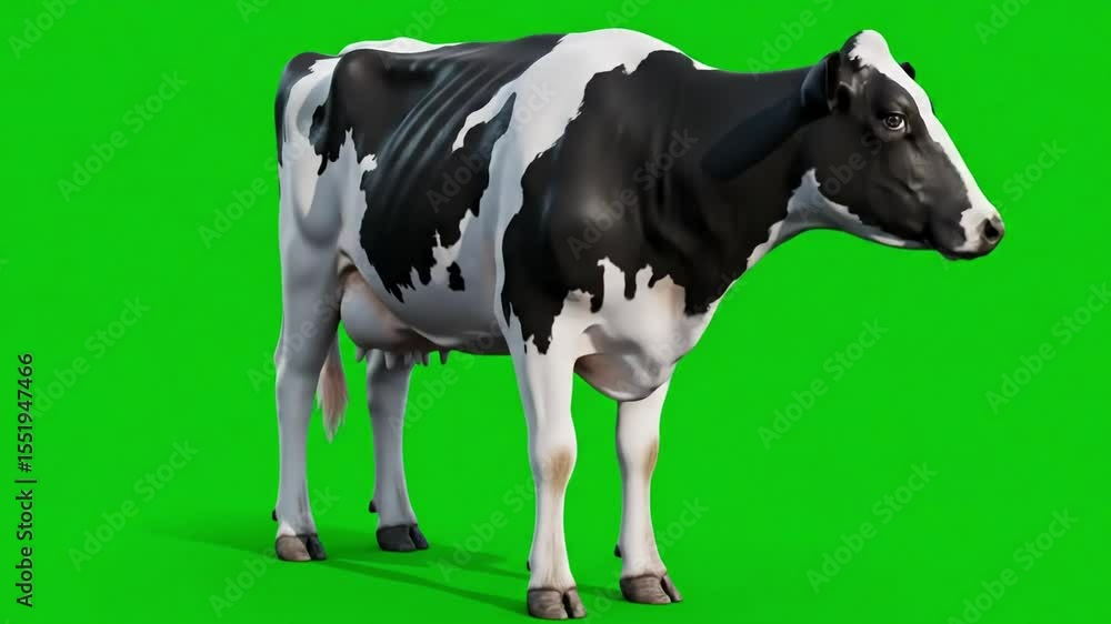 Poster animated sequence of a holstein cow on a green screen backdrop for animal compositing