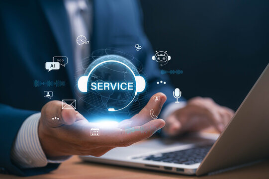 AI customer service support system concept. Businessman presenting global AI service technology with chatbot, email, phone and voice assistant for 24/7 help online communication and automated helpdesk