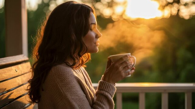 Woman sipping hot beverage on porch at sunrise with misty breath