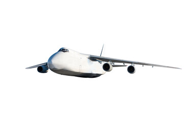 White wide body transport cargo airplane fly isolated