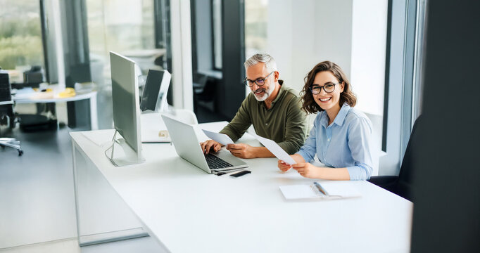 Hombre de barba blanca y mujer joven trabajan en una oficina moderna