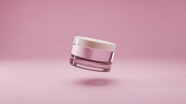 A cosmetic jar with a white lid floats mockup against a solid pink background  4k
