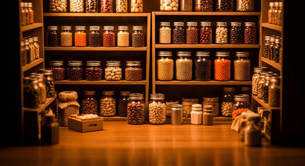 Abundant Assortment Of Preserved Legumes And Grains In Glass Jars On Wooden Shelves