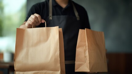 The delivery person holding two brown paper bags for takeaway meals.