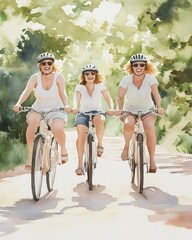 Friends laughing while riding bicycles along a treelined path, motion carefree and warm. Three friends joyfully cycling together on a sunny day, embracing friendship and the spirit of outdoor leisure 