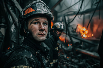 Worried firefighter in burning wreckage