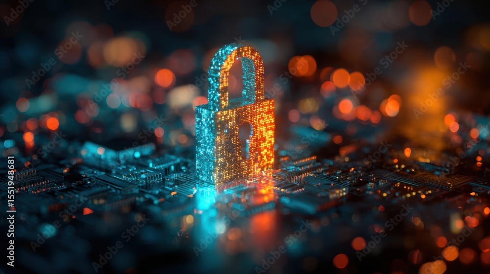 Poster the glowing digital lock symbolizing cybersecurity and data protection in technology.