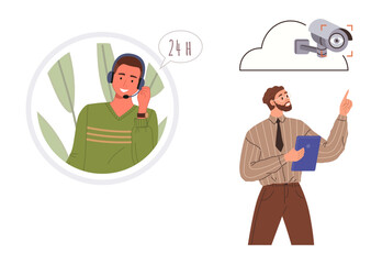 Call center agent with headset handling 247 support. Manager holding clipboard pointing at cloud-linked security camera. Ideal for customer service, security, cloud service, monitoring, digital