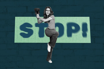 Sketch trend collage of demonstration protest strike activist social movement stand lady student...
