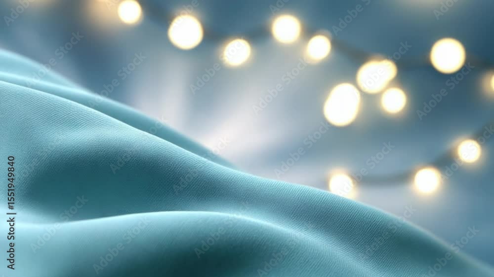 Poster Illuminating Abstract: Soft, flowing fabric is illuminated by a string of warm, out-of-focus lights, creating a serene and inviting composition. Capturing the interplay of light, texture, and form.