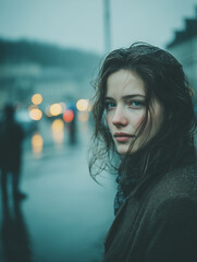 a young melancholic woman standing in the rain