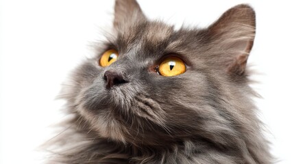 The captivating gaze of a fluffy grey cat with striking yellow eyes.