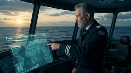 Elder man, captain, interacting with ship control panel by moving hand with futuristic holographic world map virtual reality. Global navigation technology footage. - Powered by Adobe