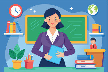 Teacher in a classroom preparing for a lesson with educational materials and students in a lively environment
