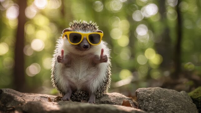 The adorable hedgehog wearing yellow sunglasses in a sunlit forest setting.