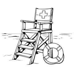 Lifeguard chair and float on beach in sketch style