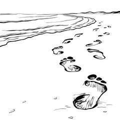 Footprints in sand along shoreline in sketch style
