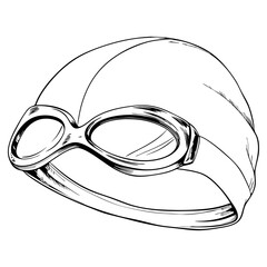 Swimming cap with goggles in black and white sketch