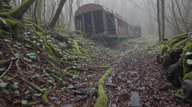 Abandoned train in overgrown forest with fog, cinematic Halloween video for haunted, post-apocalyptic, and eerie atmospheric themes
