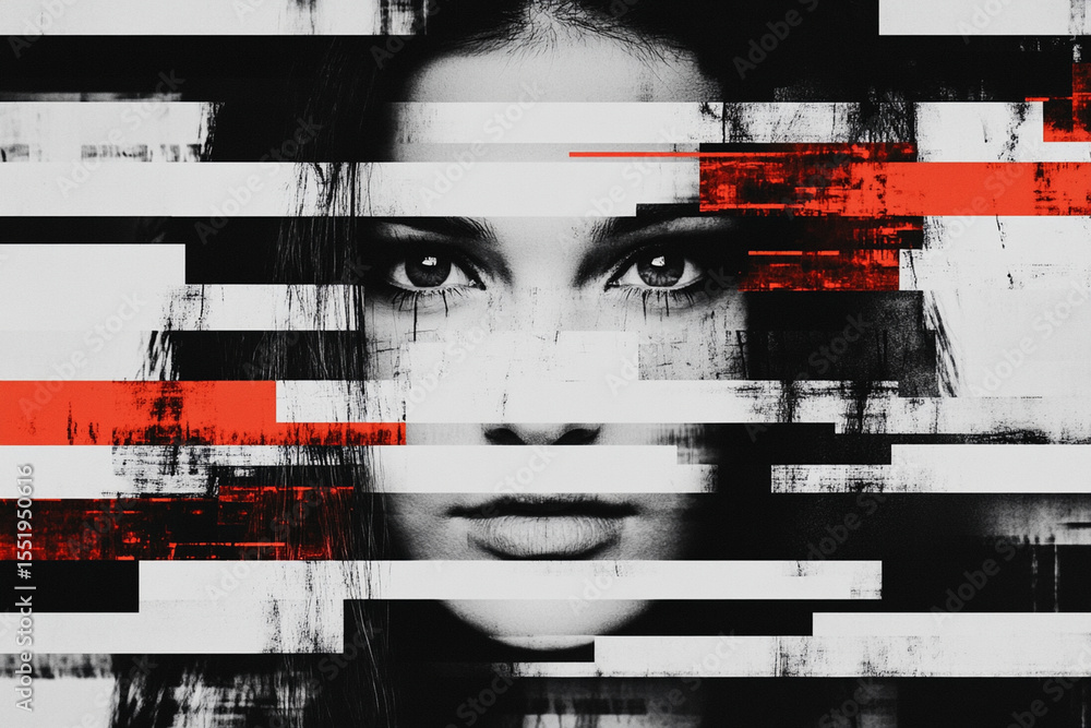 Poster digital glitches create an abstract representation of a face