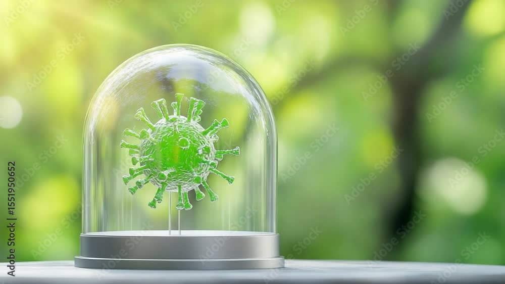 Aufkleber microbe in a glass enclosure: a vibrant microbe rests securely within a glass dome, symbolizing prot