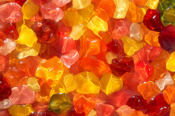 Colorful reflections captured in vibrant glass stones under sunlight