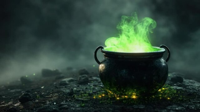 A cauldron filled with glowing green smoke in a dark, mysterious setting. The scene is filled with fog and small particles of light, creating an eerie atmosphere.
