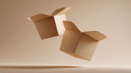 Two open cardboard boxes floating against a beige background. The boxes are empty, and their flaps are open, suggesting delivery or shipping
