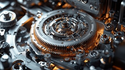 Close-up view of intricate metal components in high-tech machine, precision engineering, technology, and industry-focused content.