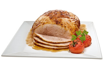 prato com pernil de porco acompanhado de tomates e salsinha isolado em fundo transparente