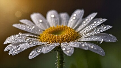 Macro of Dew-Covered Daisy Flower in Golden Morning Light