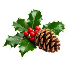 Festive Christmas Decoration with Holly Berries and Pine Cone, Isolated on Clean White Background.