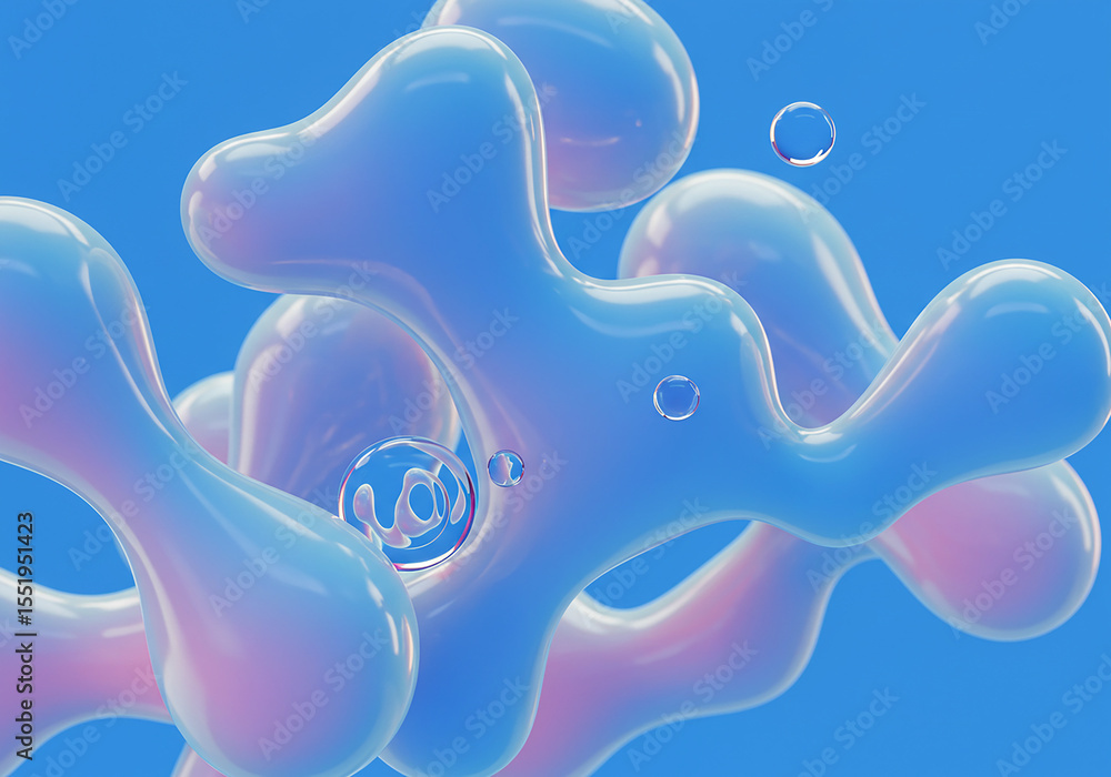Poster abstract shapes with a gradient effect, fluid forms with a glossy appearance, and water bubbles floa
