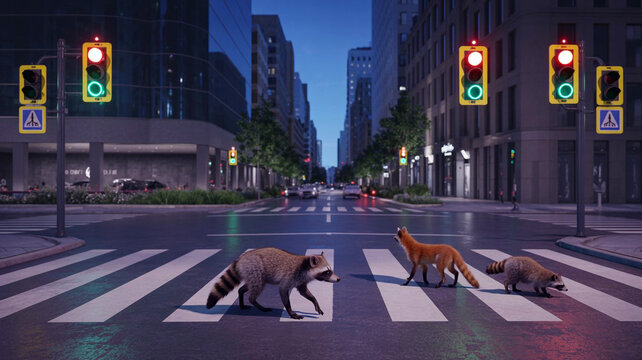 Two raccoons and a fox cross a city street at night