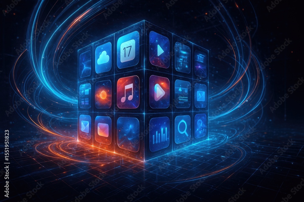 Poster blue and orange digital cube metaverse generation app icons network interface image