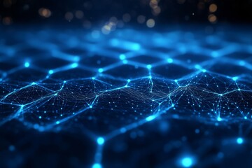 Obraz premium Illuminated wireframe hexagonal mesh structure set against a deep blue cosmic space backdrop