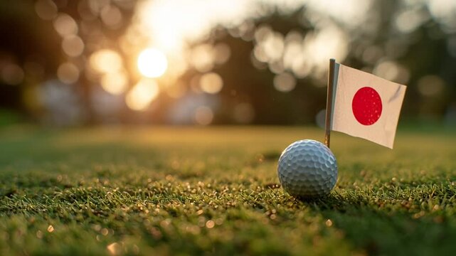 Golf Ball Near Japanese Flag at Sunset on Lush Green Course Generative AI